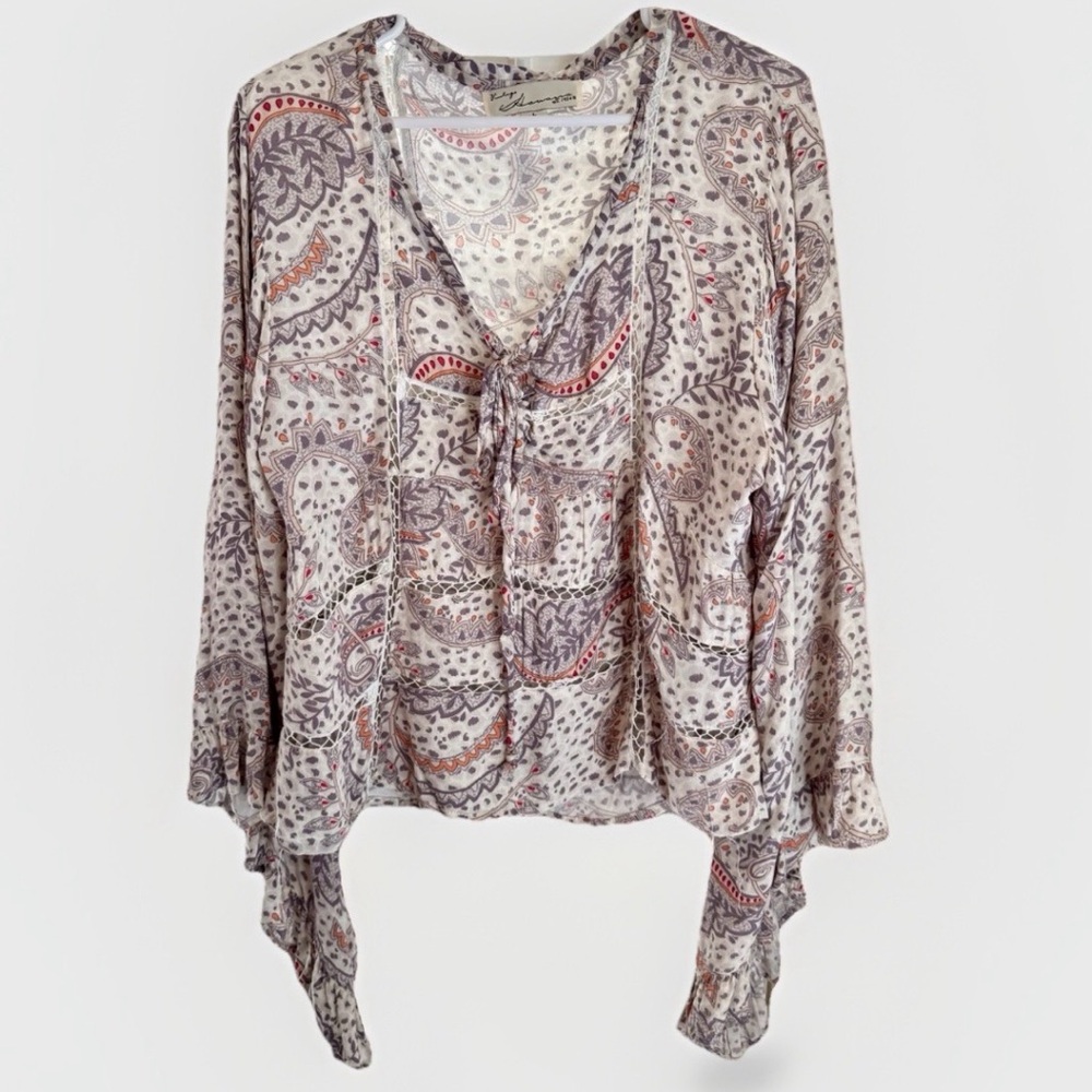 Vintage Havana Paisley Boho Tie Front Top L Rayon‎ Bell Sleeve Festival
